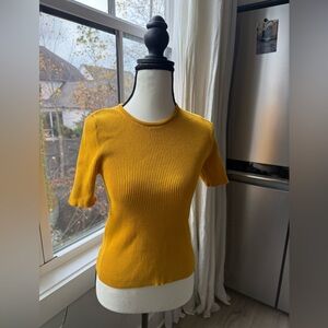 Maeve Anthropologie Mustard Yellow Ribbed Knit Top Short Sleeve Sz Small Petite